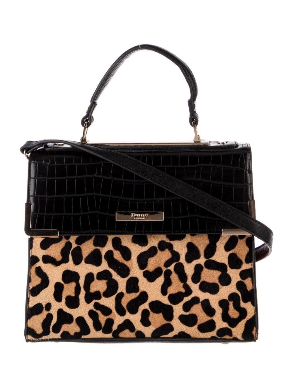 Dune London Faux Black Leather Genuine Hide Fur Leopard Print Top-Handle Satchel